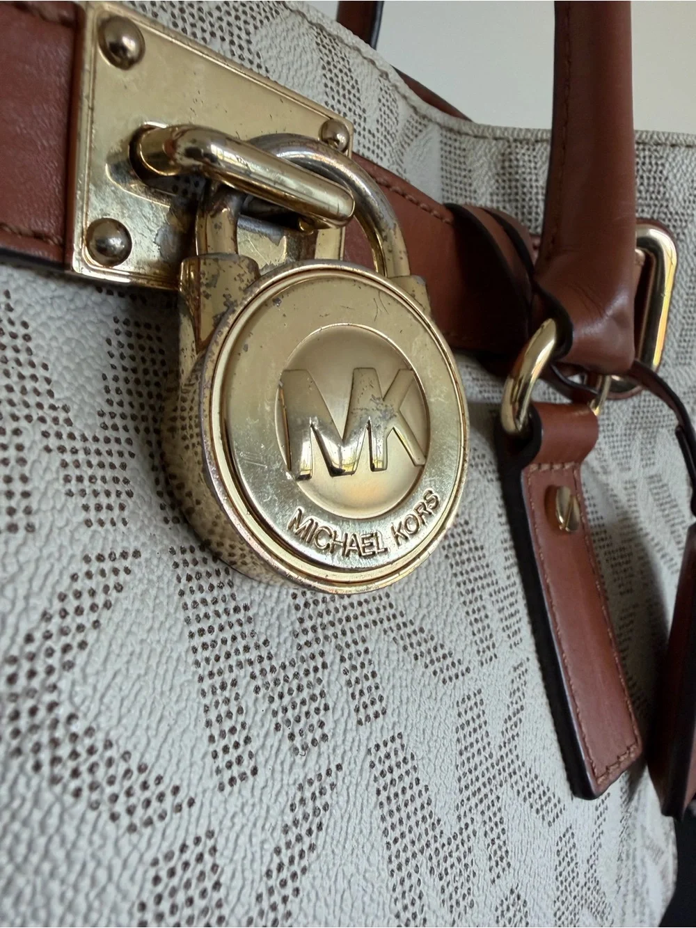 Michael Kors Hamilton Signature MK Logo Lock Satchel Vanilla Brown Leather
